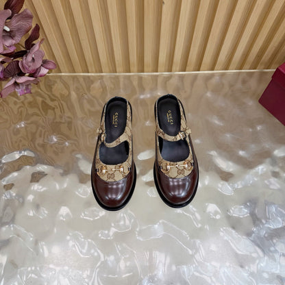 GG 26 Mule Brown Beige Beaded Leather Double G Fabric 589456