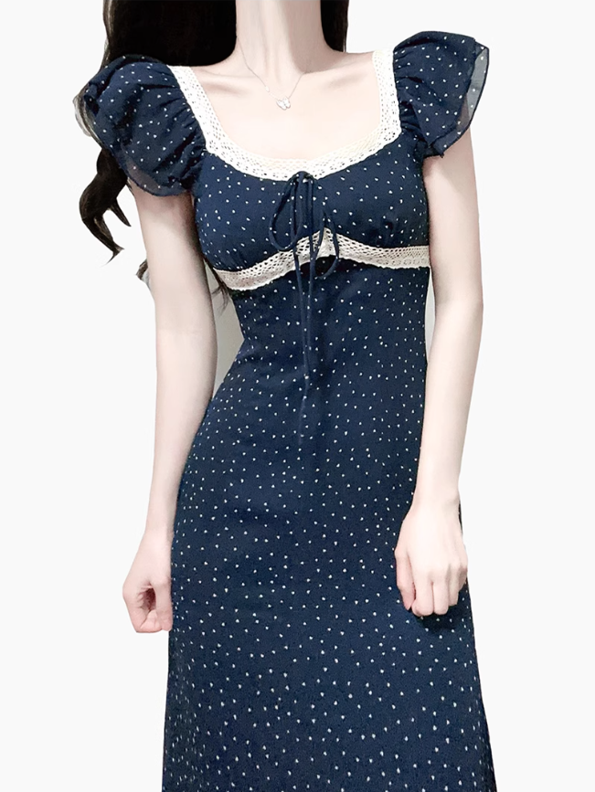 2025 Summer New Navy Retro Polka Dot French Square Neck Short Sleeve Long Dress R0927