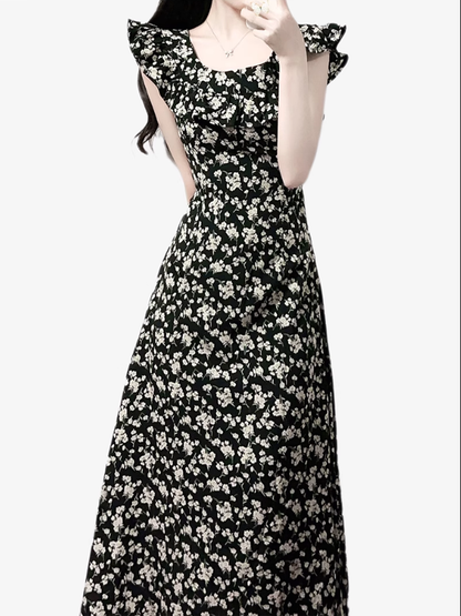 2025 Summer New French Black Floral Ruffled Medium Length Square Neck Dress R0914