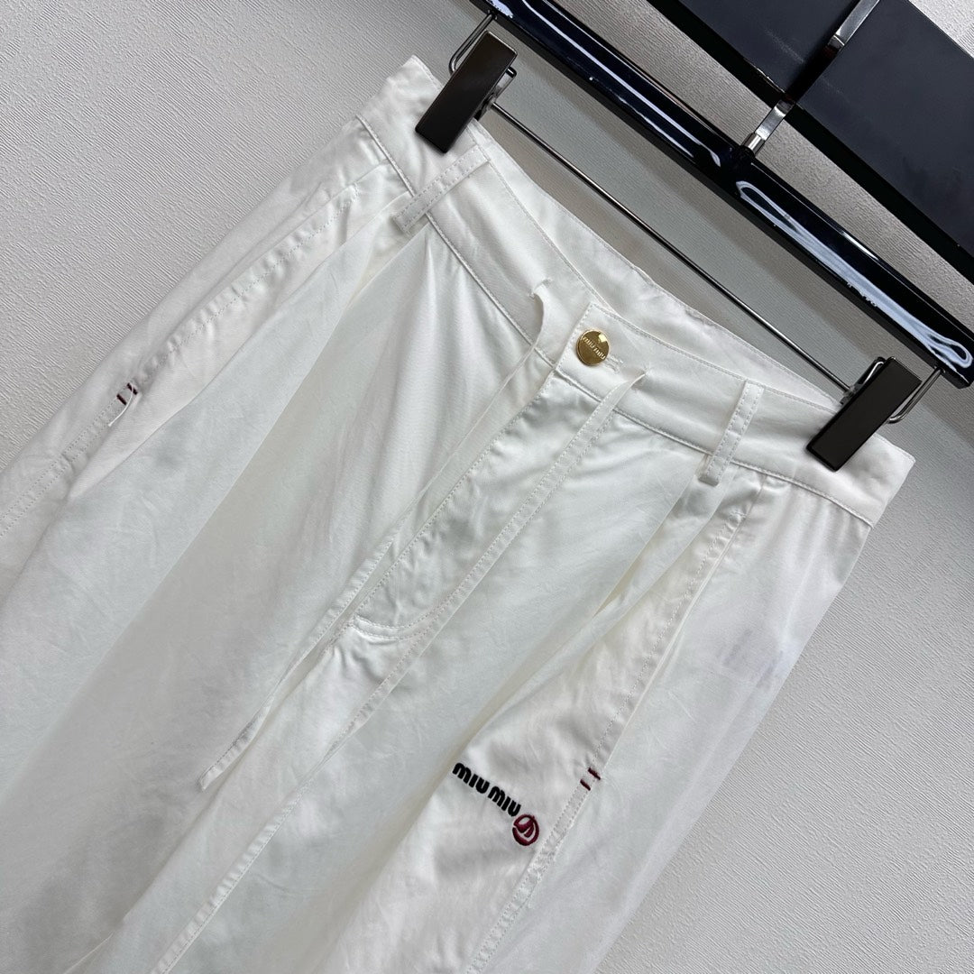 Miu Track Pants White Cotton Tencel Fabric 350246