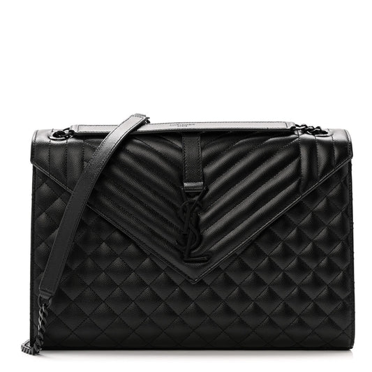 Grain De Poudre Textured Mixed Matelasse Large Triquilt Monogram Monochrome Satchel Black