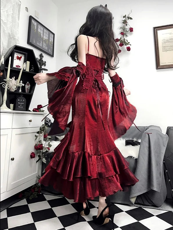 Beautiful Burgundy Spaghetti Strap 3D Rosette Detachable Flounce Sleeves Design Satin Prom Dress Evening Dress TP2764