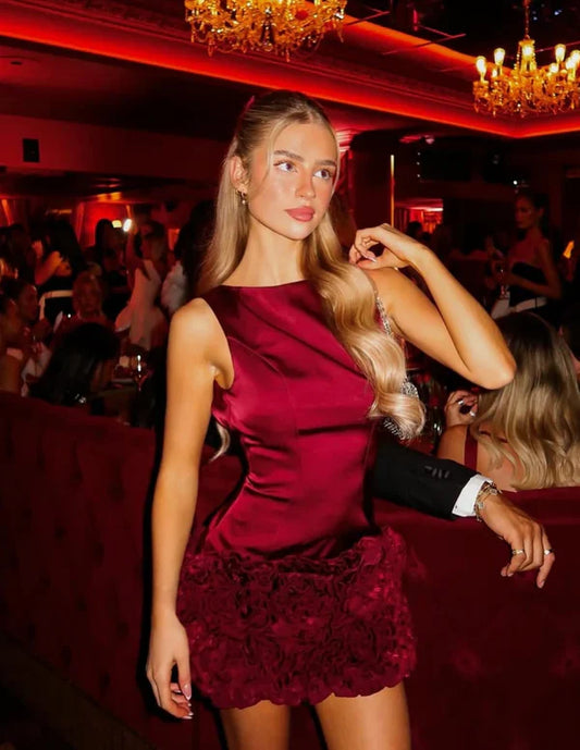 Vintage Burgundy Satin Short Sheath Party Dress Cocktail Dress Homecoming Dress TP4437