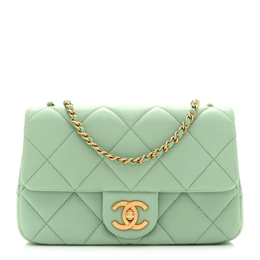 Lambskin Quilted Pearl Small Flap Light Green