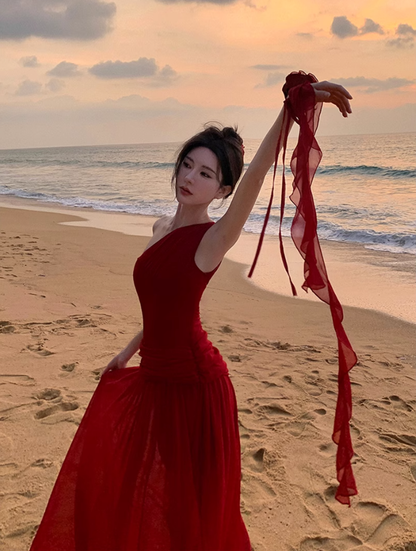 Fairy red off-shoulder dress with slim waist and long swing chiffon dress for holiday R1743