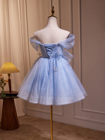 New Fashion Light Blue Pearl Design A-line Off-the-shoulder Puffy Homecoming Dress TP3413