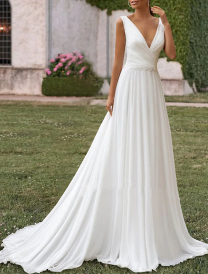 omberprom Hall Casual Wedding Dresses A-Line V Neck Sleeveless Sweep / Brush Train Chiffon Bridal Gowns With Pleats