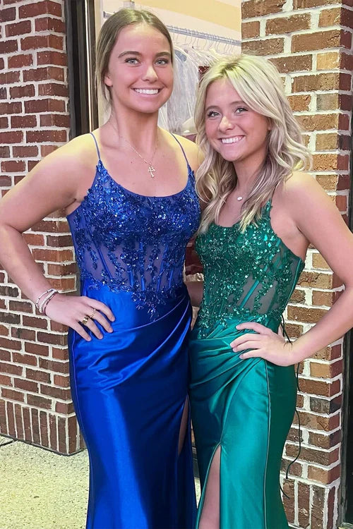 omberprom Royal Blue Appliques Scoop Neck Mermaid Evening Dress Long Formal Dress