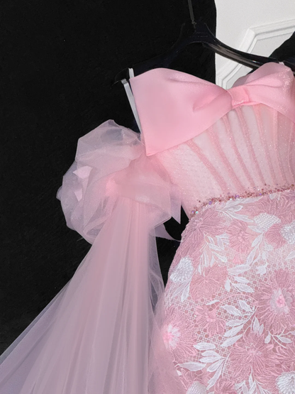 Vintage Pink Applique Bow Design A-Line Prom Dress Evening Dress TP4219