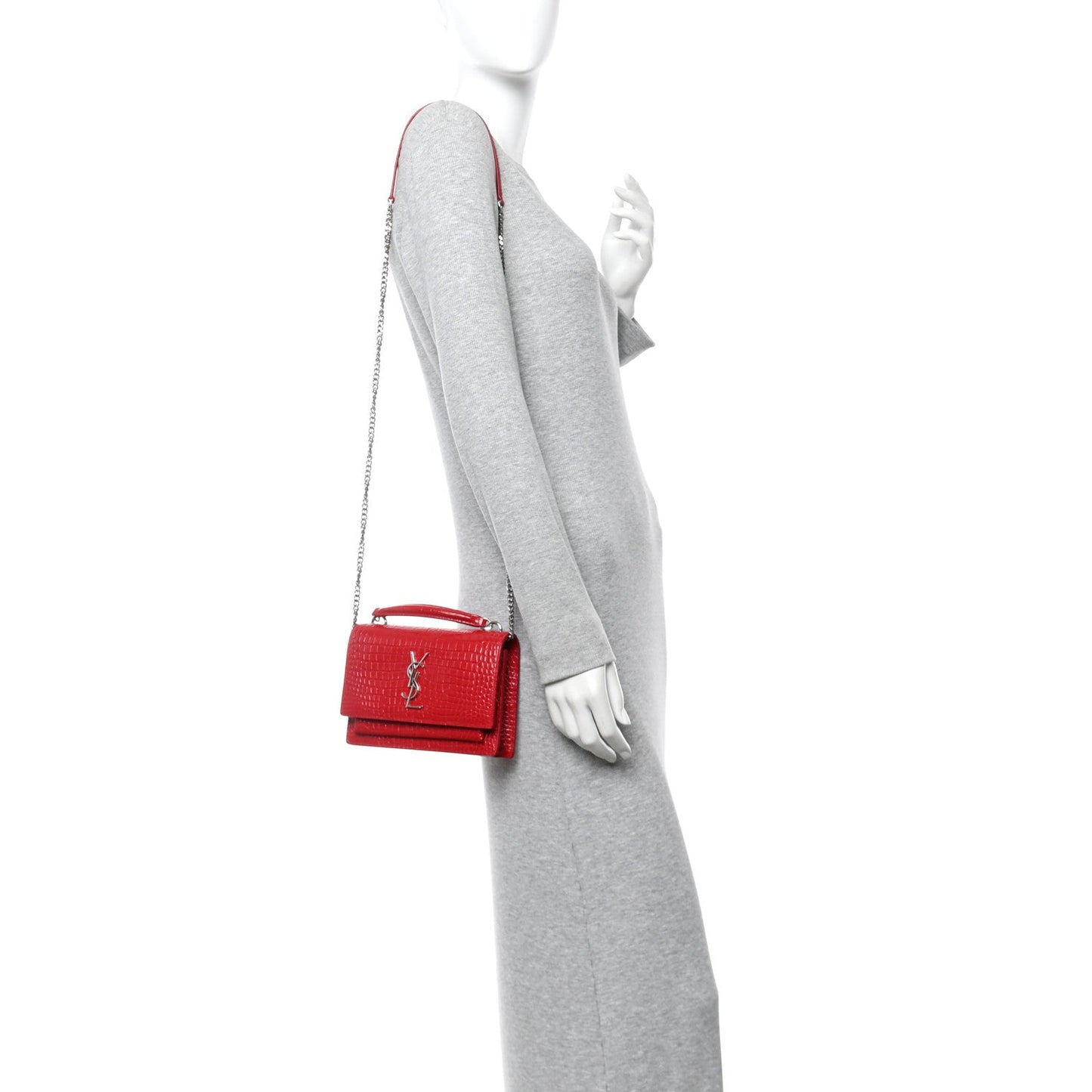 Calfskin Crocodile Embossed Monogram Sunset Chain Wallet Rouge Eros