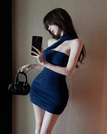 Sexy Fashion Navy Blue Backless  Slim Halter Dress TP2980