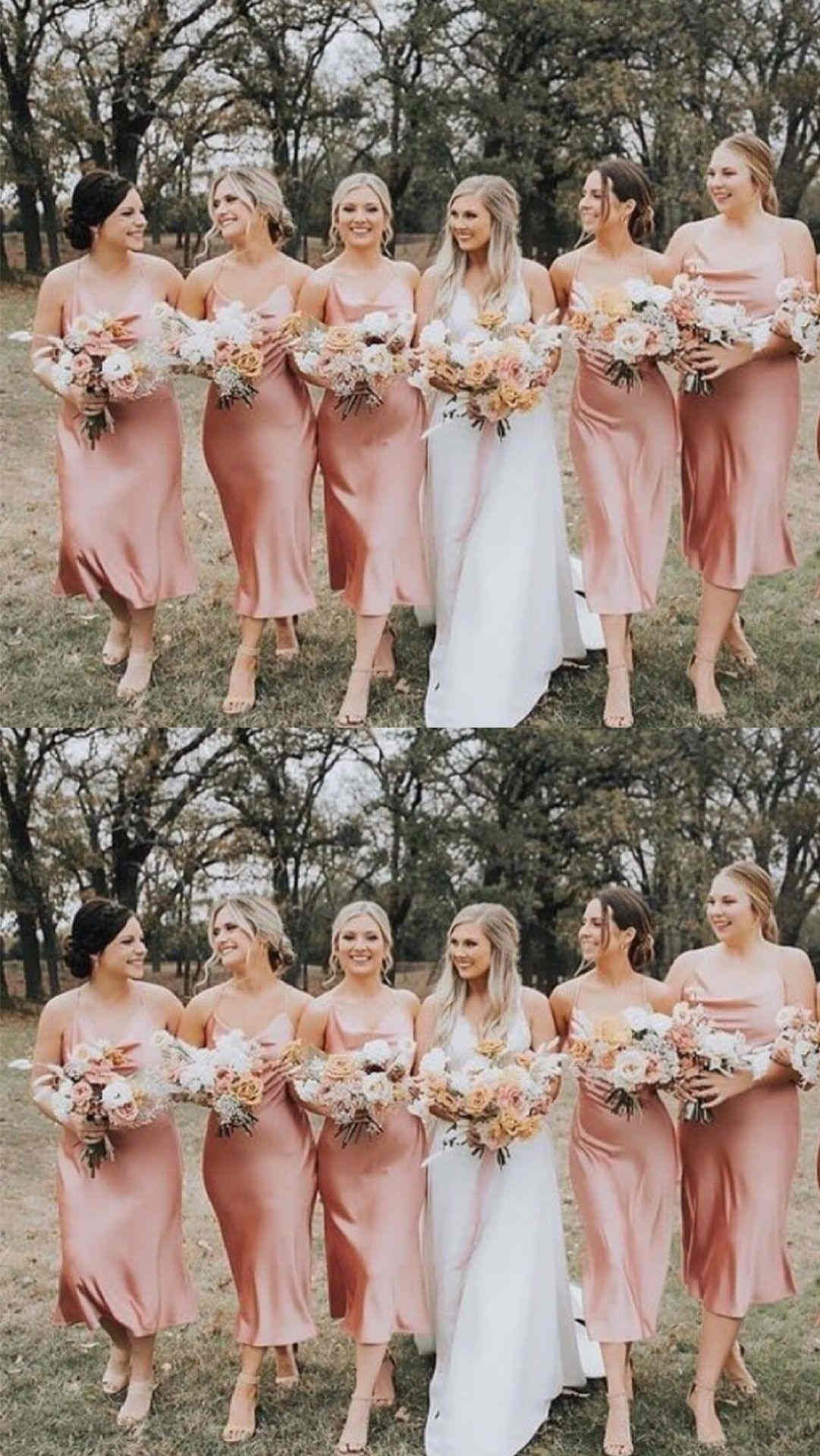 Spaghetti Straps Satin Tea Length Champagne Bridesmaid Dress
