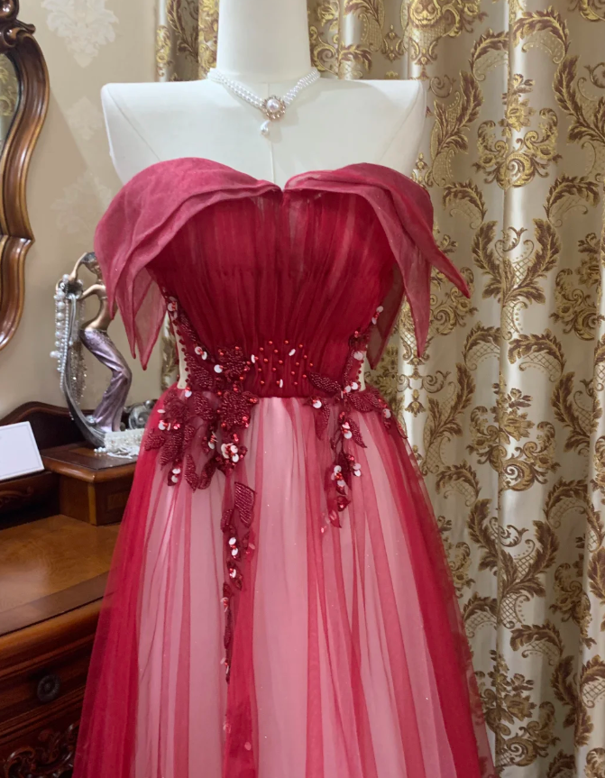 Pretty Red Off The Shoulder Tulle Beaded A Line Long Birthday Prom Dress Evening Dress SP1608