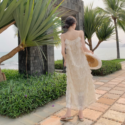 New Fashion Tassels Design Pink Beach Elegant Spaghetti Strap Dress TP2965