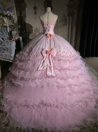 Vintage-Inspired Pink Floral Embellished Tulle Ball Gown Strapless Ruffled Quinceañera Formal Dress TP5116