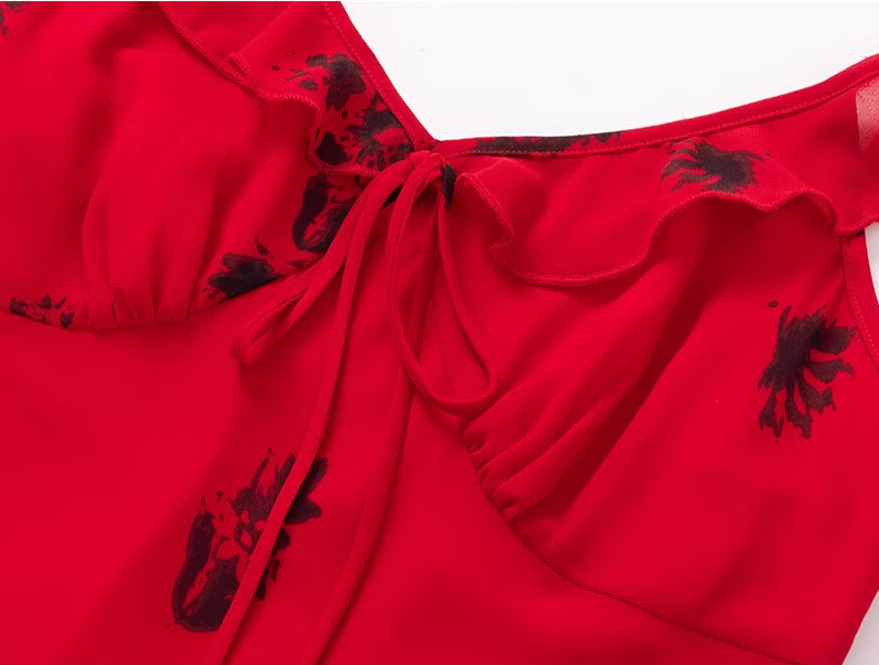 2025 Summer New Red Sexy V-neck Wood Ear Edge Floral Sleeveless Holiday Dress R0905