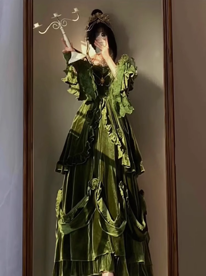 Chic Ball Gown Strapless Long Sleeves Floral Ruffles Green Prom Dresses Birthday Outfits