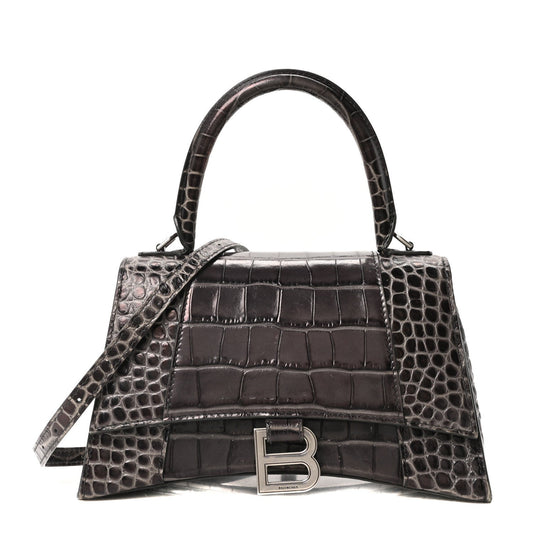 Shiny Calfskin Crocodile Embossed Small Hourglass Top Handle Bag Dark Grey