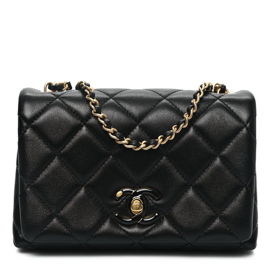 Shiny Lambskin Quilted Enamel CC Mini Flap Black