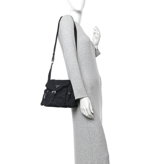 Nylon Vela Saffiano Single Buckle Messenger Shoulder Bag Black