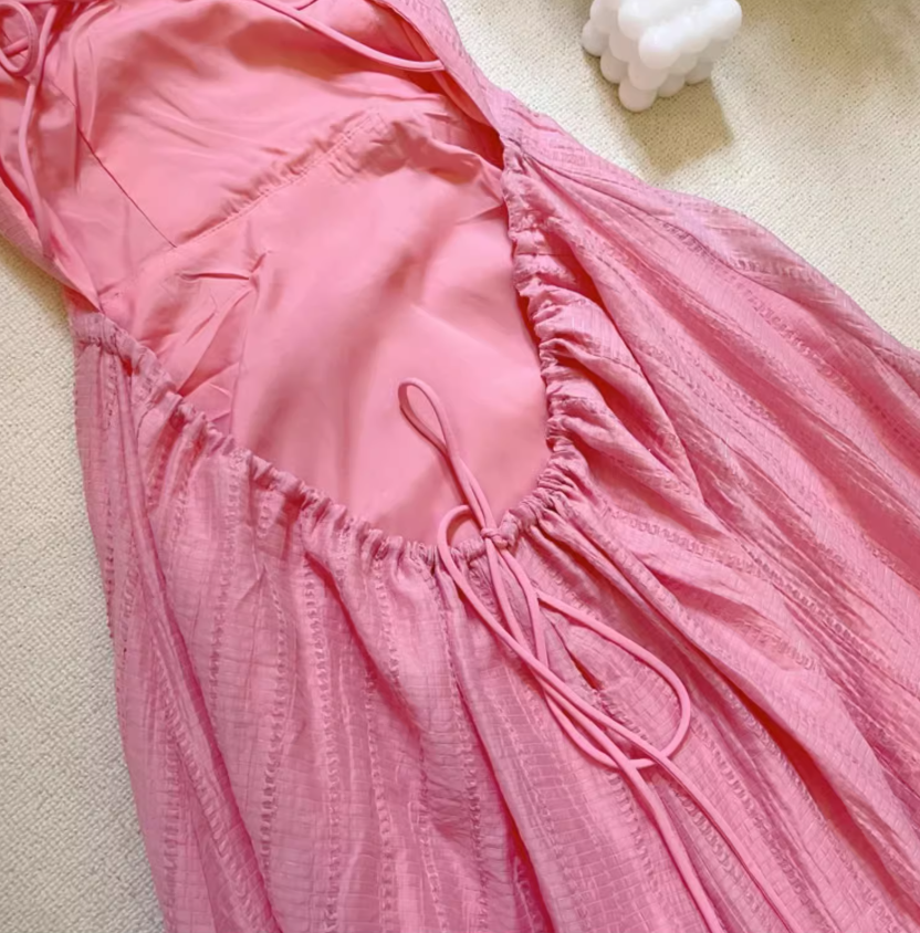 2025 new summer light peach pink sleeveless large swing backless holiday fairy back lace-up dress R0302