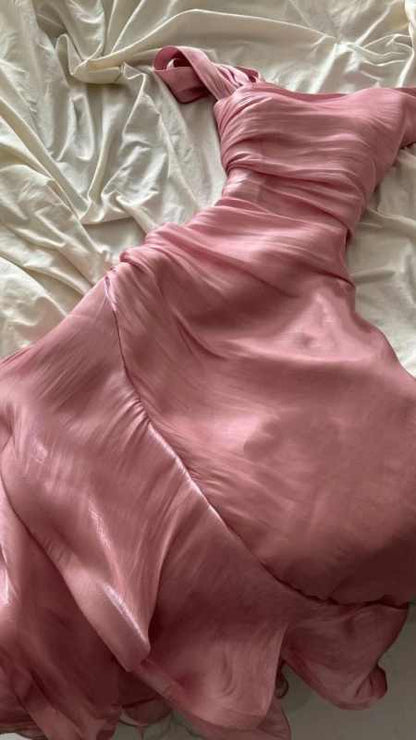 Pink Asymmetric Ruched Mermaid Evening Dress _ Satin Ruffled Formal Gown TP5072
