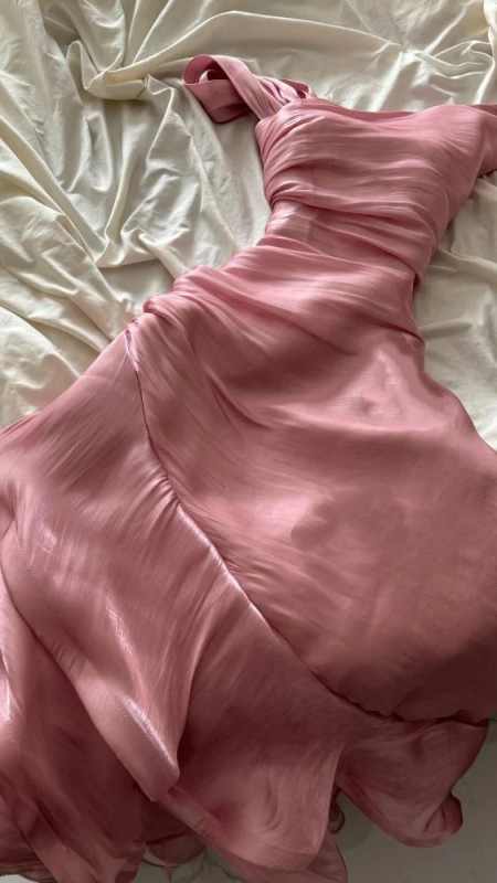 Pink Asymmetric Ruched Mermaid Evening Dress _ Satin Ruffled Formal Gown TP5072