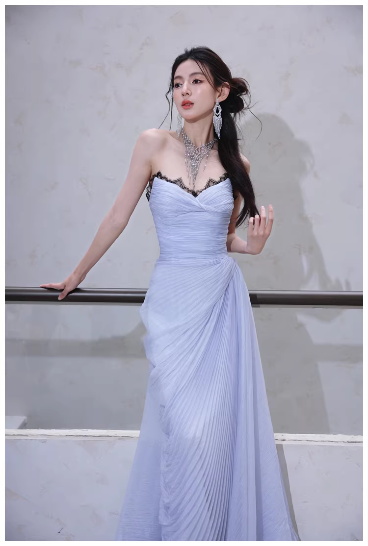 Classy Haze Blue Strapless Tulle Pleated Mermaid Long Party Dress Evening Gown