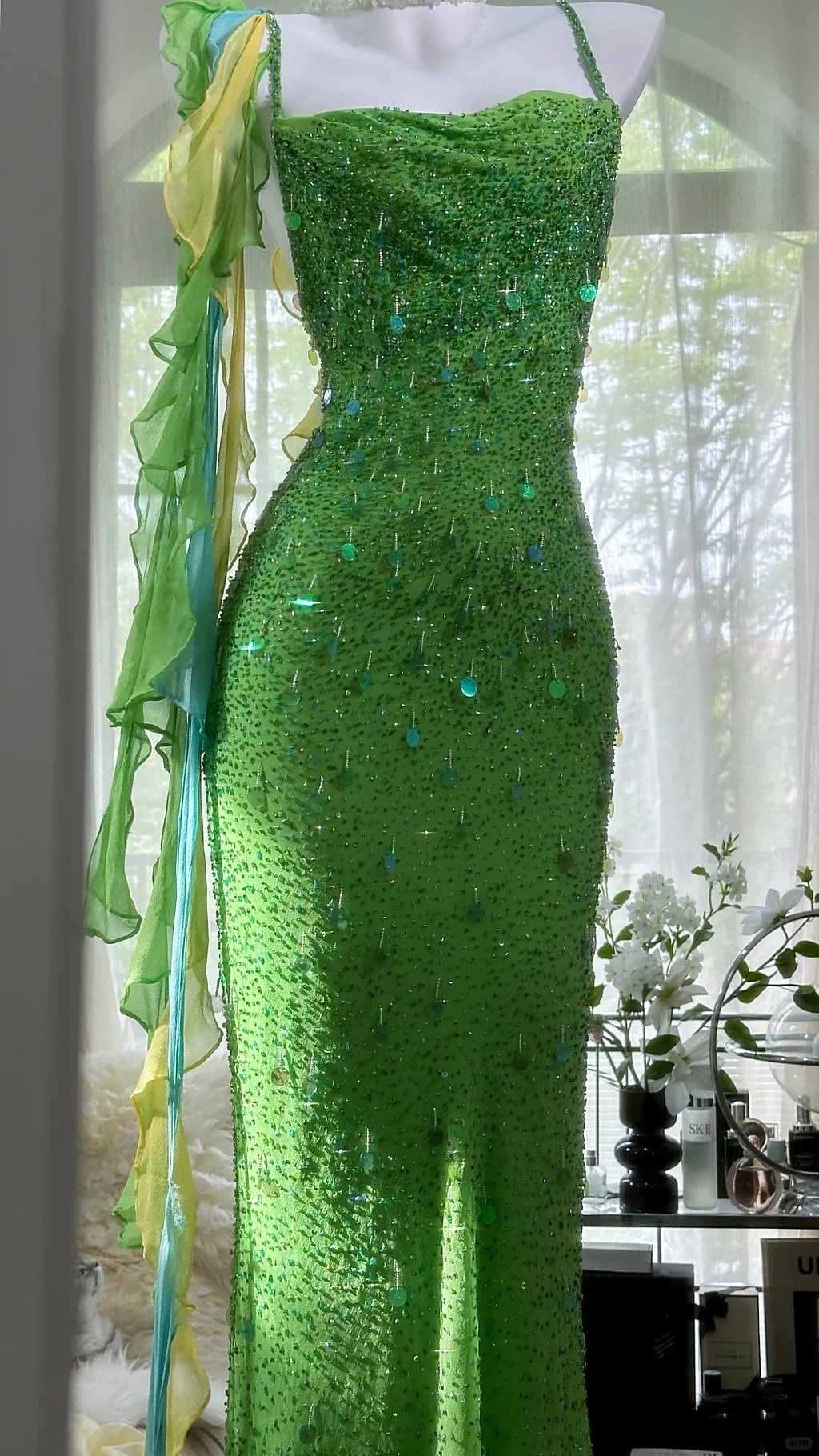 Beautiful Exquisite Sequin Beaded Green Long Chiffon Evening Gown Birthday Party Gown Y9797