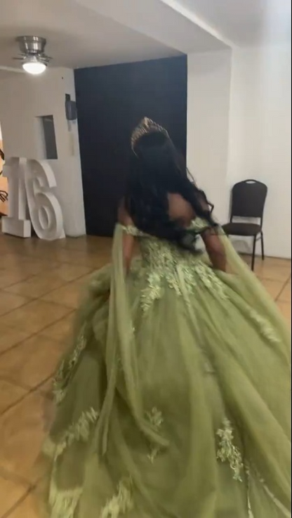 A Line Green Tulle Lace Princess Dresses Off the Shoulder Party Ball Gowns