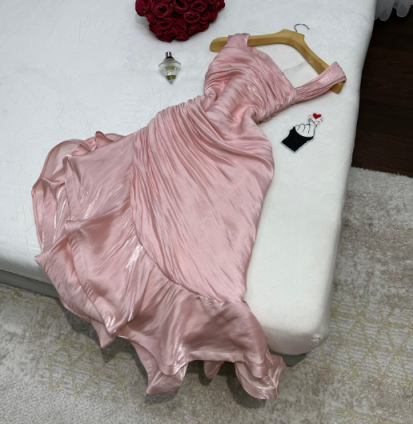 Pink Asymmetric Ruched Mermaid Evening Dress _ Satin Ruffled Formal Gown TP5072