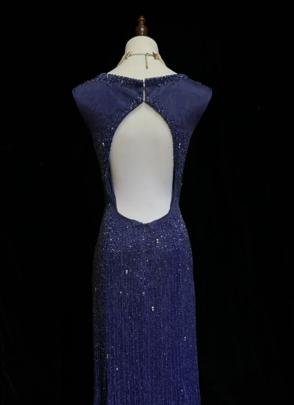 Gorgeous V Neck Dark Purple Tulle Beaded Mermaid Long Evening Dress Backless Prom Gown SP1963