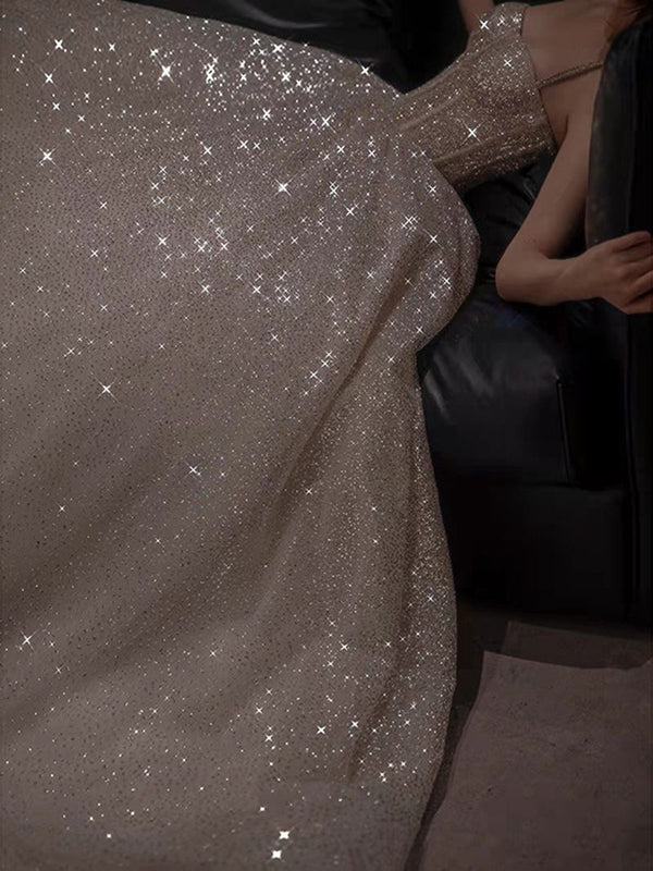 Glitter Spaghetti Straps Tulle Silver Sequin A Line Birthday Party Dress Long Evening Dress Prom Gown