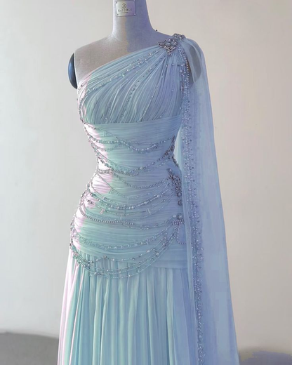 Classy One Shoulder Pink Long Chiffon Beaded Party Dress Prom Gown Y8772