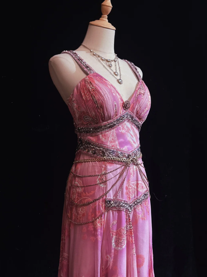 Glamorous Pink Spaghetti Straps Chiffon Floral Beaded Mermaid Evening Dress Long Party Dress SP1816