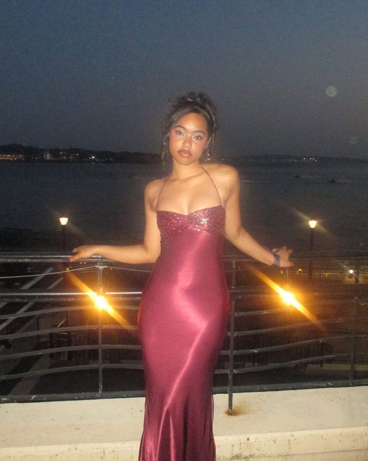 Fashion Halter Burgundy Satin Sequin Mermaid Long Wedding Guest Dress Formal Evening Dress Prom Gown