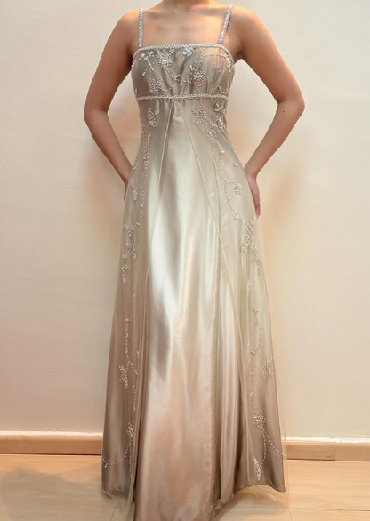 Fashion Spaghetti Straps Satin Tulle Beaded Prom Dress,A Line Party Evening Gown Y8139