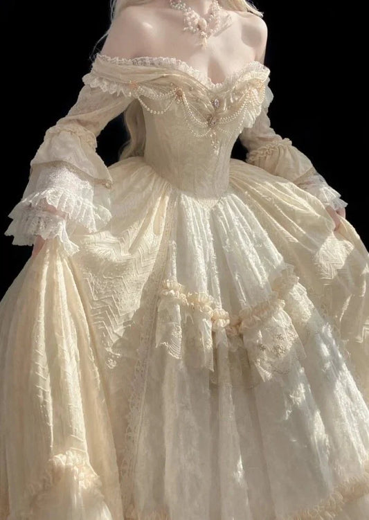 Gorgeous Ivory Sweetheart Lace Off-the-shoulder Long-sleeve A-Line Wedding Dress Ball Gown Prom Dress Evening Dress TP4593