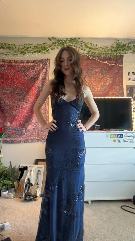 Navy blue vintage prom dress mermaid evening gown
