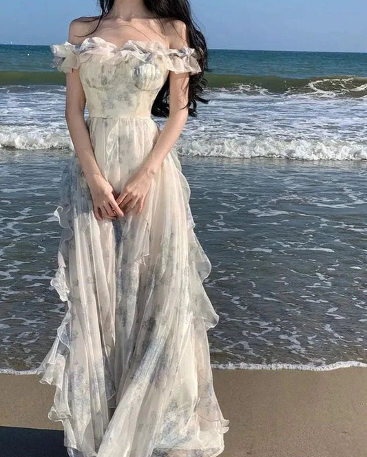 Fashion Ruffled Print Chiffon Long Dresses       S6642