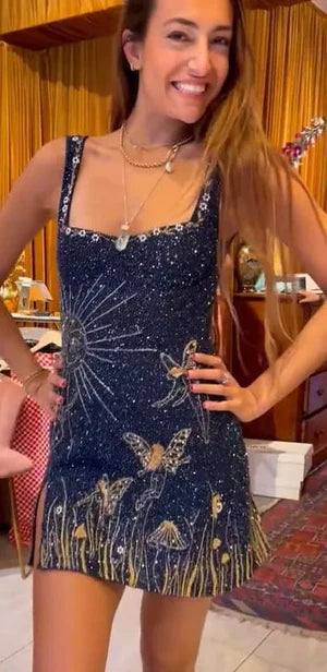 Vintage Navy Blue Shiny Beaded Sheath Homecoming Dress Party Dress Cocktail Dress TP4700