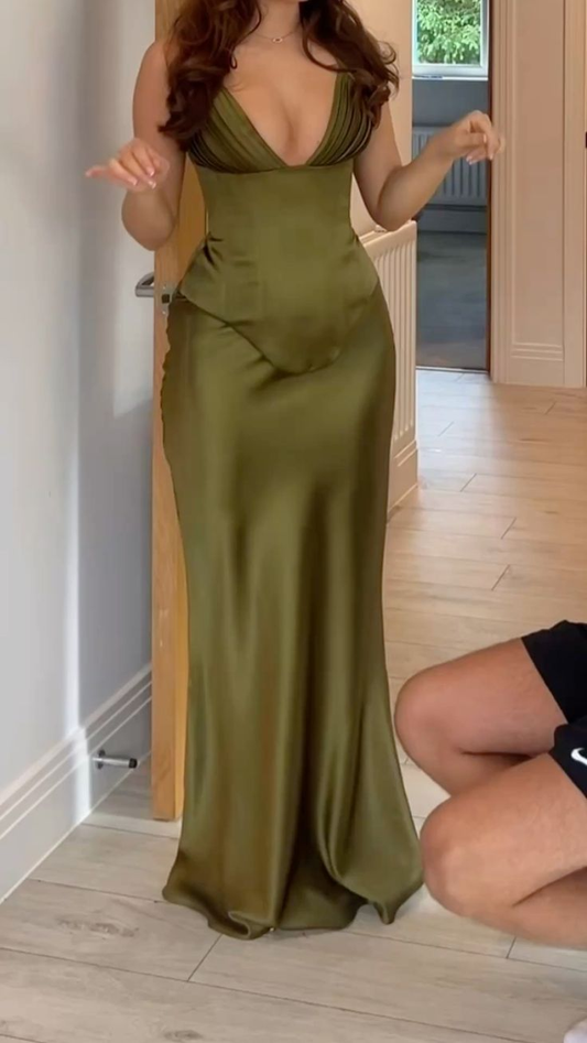 Classy Olive Green V Neck Satin Mermaid Party Dress Long Evening Gown