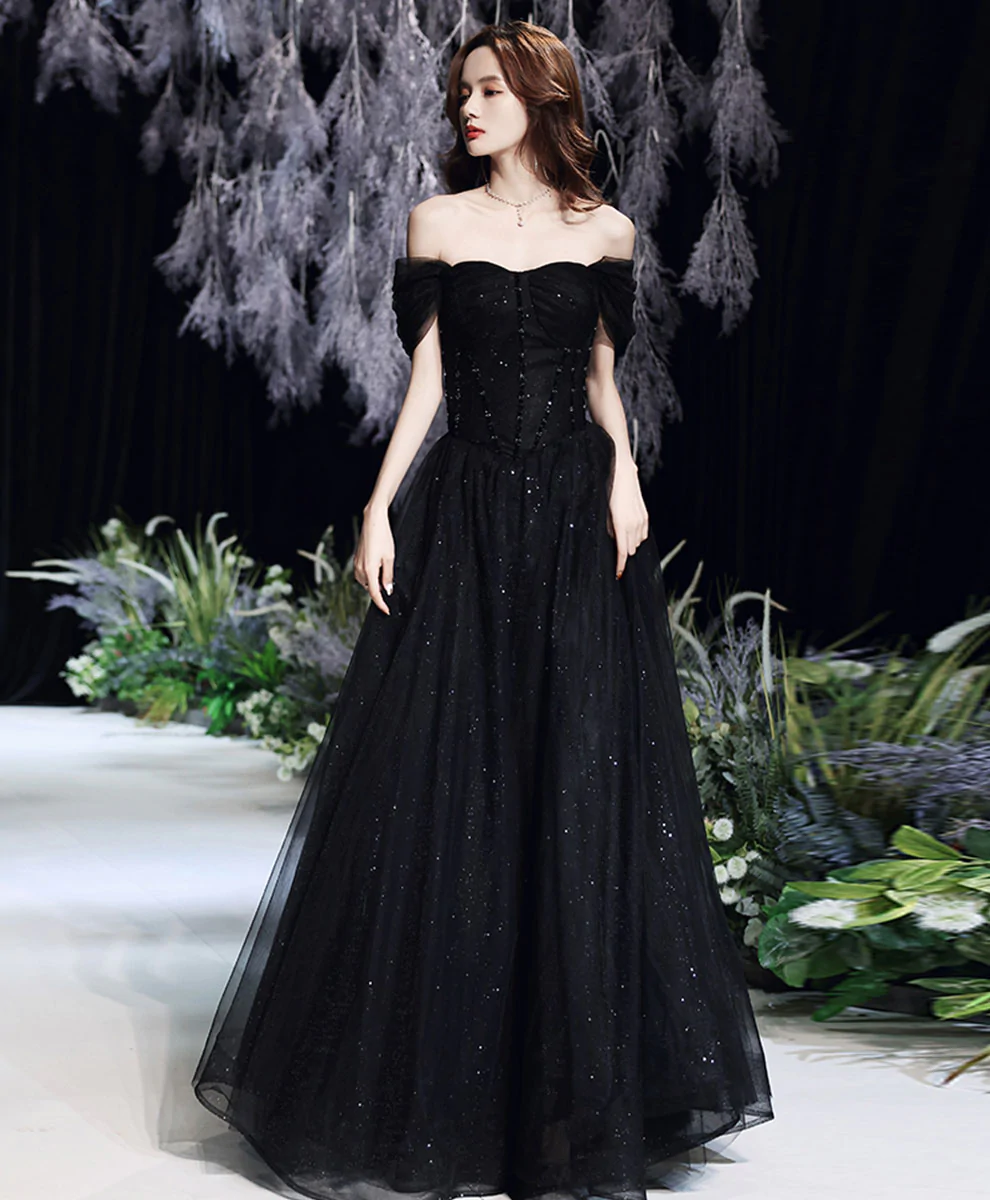 Black Tulle Off Shoulder Long Prom Dress, Black Formal Graduation Dresses Y1131