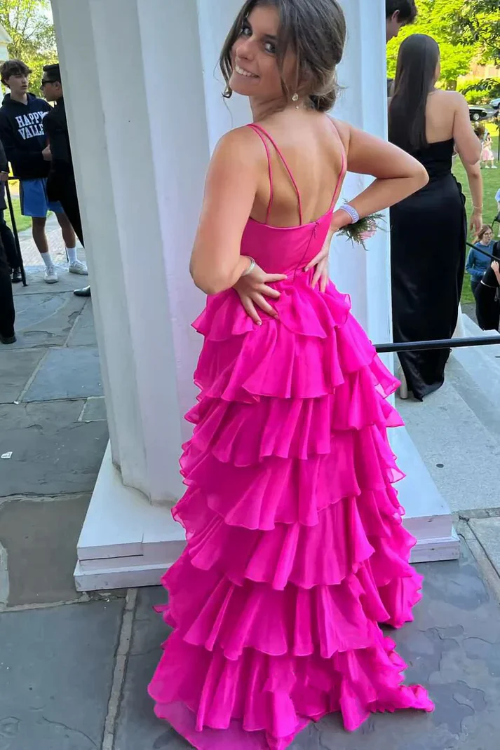 Newest A-line Spaghetti Straps V Neck Prom Dress,Tiered Dress Y1826