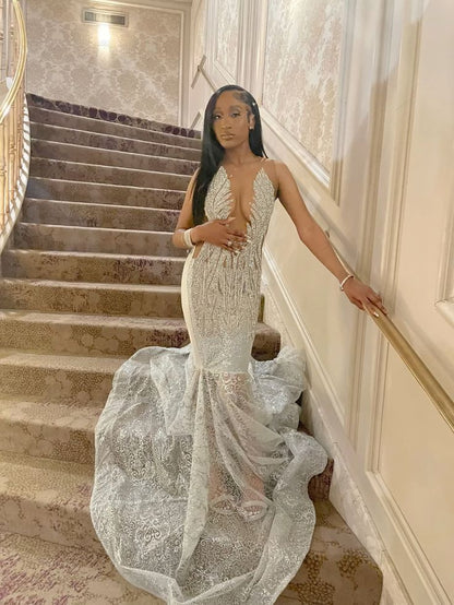 Silver Formal Dresses for Black Girl, Mermaid Long Prom Dress Evening Gown      S6761