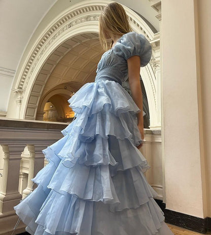 Sky Blue Tiered Skirt Prom Dress Puff Short Sleeves Formal Party Evening Gown