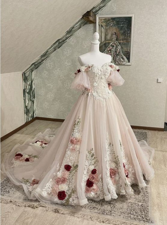 Vintage 3D Florals Wedding Dresses Half Sleeves Light Pink Lace Bridal Gowns    S6641