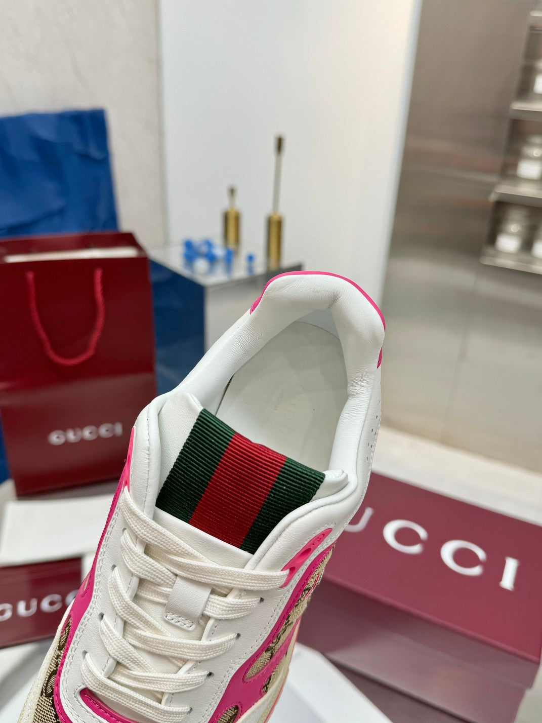 GG Re-Web Sneakers Pink Brown White Suede Cowhide Fabric 564717