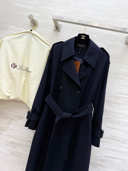 LP 25 Tie-Waist Slim Lapel Long Trench Coat Navy Blue Cotton 305537