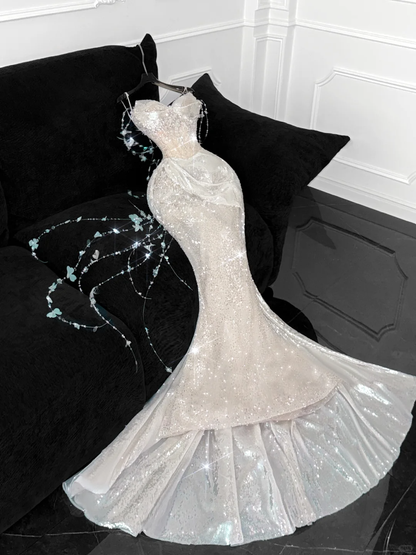 Gorgeous Sparkling Champagne Sequin Sweetheart Mermaid Elegant Chiffon Evening Dress Prom Dresses TP4152